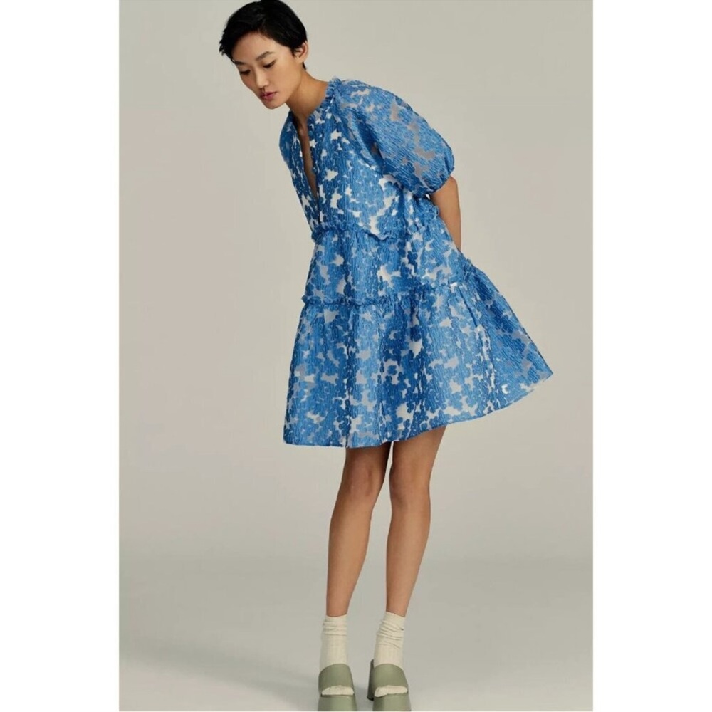 Maeve Blue Jacquard Mini Tiered Dress